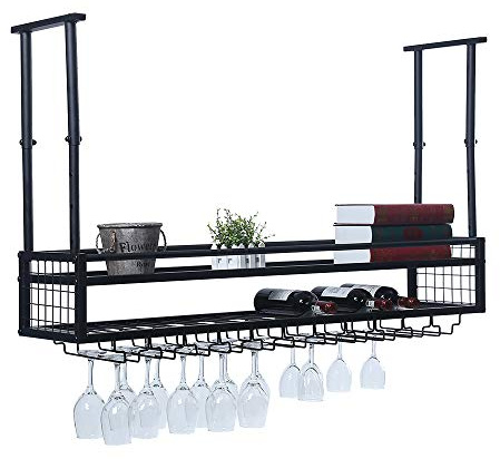 OLDRAINBOW Hanging Wine Glass Rack Ceiling for Bar Restaurants,47.2in Adjustable Metal Wine Glass Holder,Industrial Iron Wine Shelf Wall Mounted(Black)