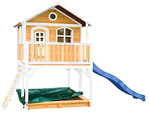 AXI Spielhaus Marc mit Sandkasten & Blauer Rutsche | Stelzenhaus in Braun & Weiß aus FSC Holz für Kinder | Spielturm mit Wellenrutsche für den Garten