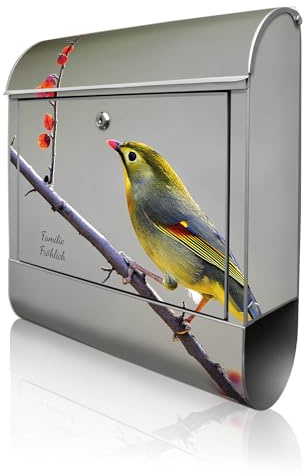 banjado Design Briefkasten personalisiert 38,5x46,5x13cm & 2 Schlüssel - Briefkasten Stahl Silber Zeitungsfach pulverbeschichtet - Postkasten A4 Einwurf inkl. Montagematerial - Motiv Herbst Vogel