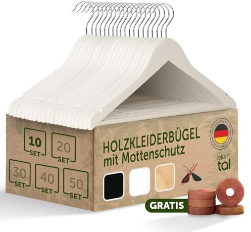 Blumtal Kleiderbügel Holz 10er Set - Holzbügel mit 360° drehbarem Metallhaken - Kleiderbügel Weiß + Zedernholz Mottenschutz - Kleiderbügel Holz Weiss + Anti-Rutsch-Schicht & Einkerbungen - Coat Hanger