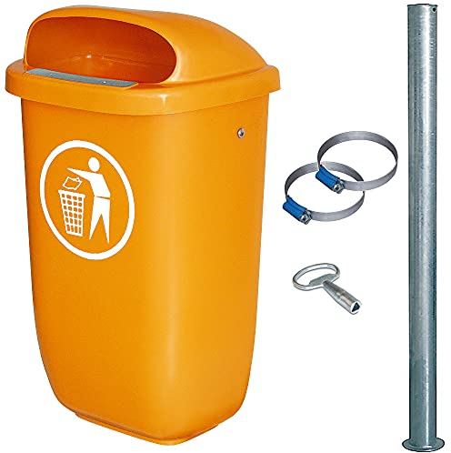 BRB Abfallbehälter für den Außenbereich, Inhalt 50 Liter, nach DIN 30713, im Komplettset mit verzinktem Rohrpfosten und Schellen (orange)