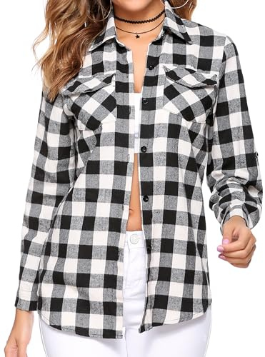 Aottori Camicetta Donna Quadri Elegante Camicia in Cotone Blusa a Maniche Lunghe Camicie Scozzese Flanella vestibilità Classica Bianco Nero L