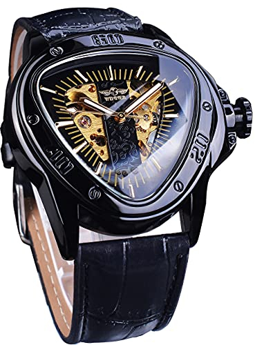 Winner Fashion Mechanische Armbanduhr für Herren, dreieckiges Rennsportzifferblatt, wasserdicht, goldenes Skelettzifferblatt, automatisches Uhrwerk, Lederdesign, Schwarz_1