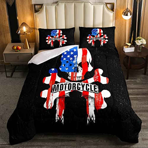 Juego de ropa de cama para motociclistas y niños, diseño de bandera americana, diseño de calavera, para motociclistas, esqueleto, edredón de plumas de deporte, tamaño único, 2 piezas