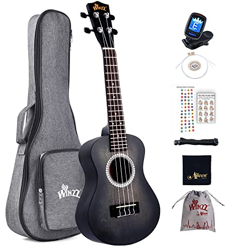 Winzz 23 Ukulele Konzert Anfänger Set Kinder Erwachsene, Einzigartiges Farbdesign, mit Tasche, Stimmgerät, Zusätzlichen Saiten, Gurt, Noten-Aufkleber (Schwarz)