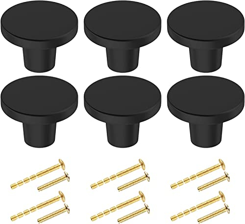 BIGLUFU 6 Pcs Brass Drawer Knobs, 1/25mm Round Kitchen Cabinet Knobs, Furniture Door Handles Cupboard Pulls with Screws, Brushed Finish (Black)