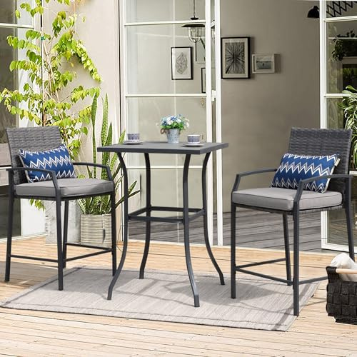 JOIVI 3 Piece Patio Bar Set, Outdoor Wicker Counter Height Bar Stools and Wood Top Table Set for 2 People, Bar Height Table Bistro Set with 2 Bar Chairs and Cushions for Backyard, Balcony