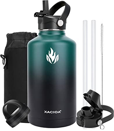 XACIOA Water Bottle Vacuum Insulated 32oz 40oz with Straw Lid,Stainless Steel Drink Flask with Flip Top Bottle Lid,Metal Wide Mouth Double Walled Leak Proof Keeps Hot Cold (Indigo/Black, 64oz)