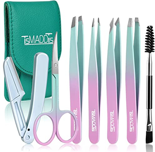 TsMADDTs 7 pcs Tweezers for Women Facial Hair, Precision Tweezer Set for Eyebrows with Curved Scissor and Eyebrow Razor for Ingrown Hair