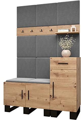 MEBLE KRYSPOL Garderobe Artin Set 5 mit gepolsterten Paneelen Industriell Design (Artisan Eiche + Manila 16 (Grau))