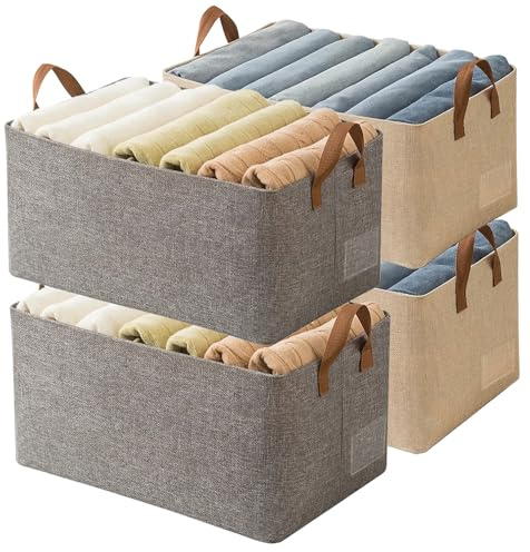 AARAINBOW 4 Pcs Closet Clothes Organizer with Handle, Closet Shelf Fabric Storage Box Steel Frame, Stackable Shelf Storage Baskets Foldable Wardrobe Storage Box for Clothes Pants, 23L (2 Gray 2 Beige)