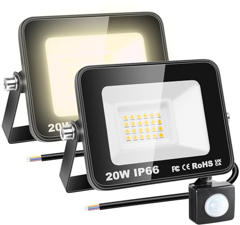 RIGIDON 2x 20W 2000LM Aussenleuchte Bewegungsmelder Led Strahler, Außen Leds Lampe, 3000K Warmweiß Wasserdicht Flutlicht Außenleuchte, Für Garten Garage Carport Hauswand