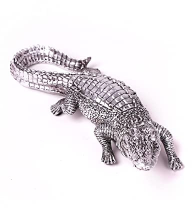 HAUCOZE Krokodil Skulptur Statue Tier Figuren Modern Deko Ornament 36cm | Silber Polyresin Wohnzimmer Kunst Handgefertigte Arts Geburtstag Feiertag Geschenk für Esszimmer Büro Café Bar