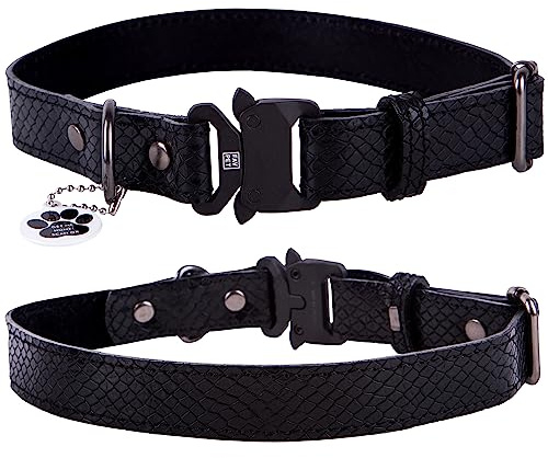 FAVPET Echtleder Dünnes Halsband Hund Verstellbar mit QR Code Anhänger, Hochwertige Hundehalsbänder mit Cobra Verschluss, Verstellbares Hundehalsband Leder Schmal, Lederhalsband Hund (S, Schwarz)
