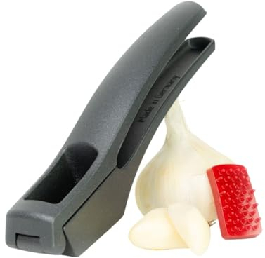 Thiru Knoblauchpresse (Basic - feines Knoblauchhack) - inkl. Reinigungsstempel - Kein Schälen notwendig - Ideal für Ingwer, Knoblauch, Zwiebeln & Kapern - inkl. E-Book 25 Rezepten - Made in Germany