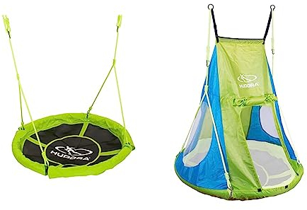 HUDORA Nestschaukel 110 cm - Baby/Kinder Schaukel Outdoor und Indoor - 100 kg Belastbarkeit - Grün - 72156 & Zelt für Nestschaukel 110 cm, 120 cm Cosy Castle - Garten-Schaukel, 72155, Lemon
