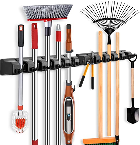 ibell 2 Pack Broom Holder Wall Mounted, Mop Holder Wall Hanger with 10 Position 12 Hooks, Multipurpose Tool Storage Organizer for Garden Garage