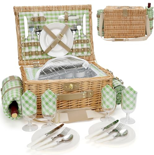 Panier de pique-nique pour 4 personnes, paniers de pique-nique isothermes en saule avec bandoulière, panier de pique-nique avec couverture de pique-nique imperméable, panier en osier fait à la main
