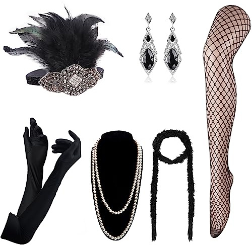 DRESHOW 1920s Flapper Accessoires Set Damen Kostüm Gatsby Feder Lange Halskette Handschuhe Stirnband Funkelnde Ohrringe