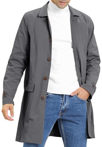 Feziakuk Trench uomo monopetto lungo cappotto leggero risvolto autunno inverno giacca mezza stagione, grigio scuro, XXL
