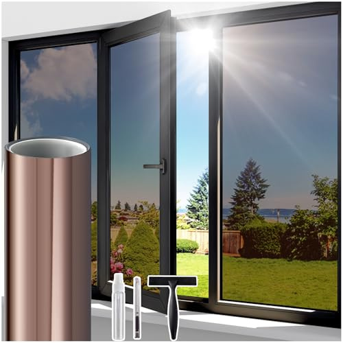 Windimiley Fensterfolie Sonnenschutz Spiegelfolie Fenster Sichtschutz, Blickdicht von Aussen Sonnenschutzfolie 44.5x200cm, Selbsthaftend UV-Schutz Hitzeschutz Wärmeschutzfolie für Büro Tee-Silber