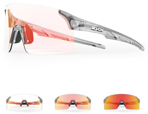 SCVCN Fahrradbrille Selbsttönend für Damen Herren, Photochrome Radsportbrille Sonnenbrille mit UV400 Schutz Randlose Transprante Gläser für Outdoorsports S142-PH