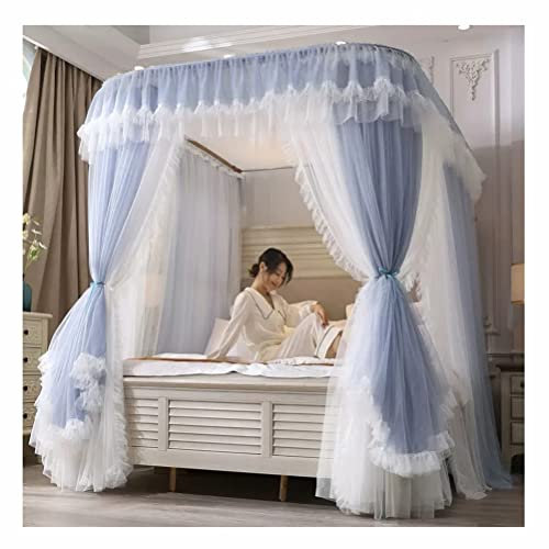 itonc Bett Vorhang, U-Shaped Support Bett Baldachin Für Einzel-Doppelbett, Schlafzimmer-Dekorative Bett Vorhang Mit Rock-Kante, Mit Metall-Klammer (Color : Blau, Größe : 200X220X210Cm)