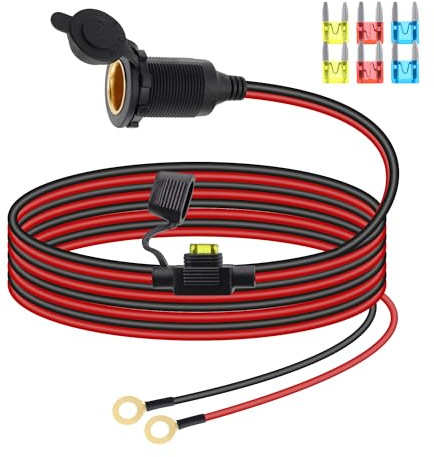 RIIEYOCA 12V/24V Zigarettenanzünder-Buchsen-Verlängerungskabel, Auto-Zigarettenanzünder-Buchse mit festem Gewinde auf O-Ring-Terminal-Kabel mit Abdeckung und 20A-Sicherung für Autos, Boote (3M)