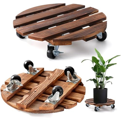CHAMSUREUK 2 Pack 30CM-12 Inch Plant Caddy Wood Plant Stands with Wheels Plant Pot Trolley with Metal Lockable Caster Wheels Heavy Duty Rolling Plant Stand (Wood - Round)