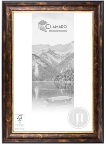 CLAMARO 'LYON' Bilderrahmen Antik 12x16 Massivholz | Braun Schwarz Gold | 56 mm breite Shabby Chic Vintage Barock Leiste | Holzrahmen inkl. Acrylglas, Rückwand, Metall Aufhänger