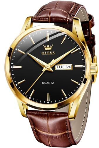 OLEVS Herrenuhren Braune Schwarz Lederarmband Quarz Uhr Männer mit Wochentag Datum Wasserdicht Leuchtende Klassische Elegantes Armbanduhr Geschenk