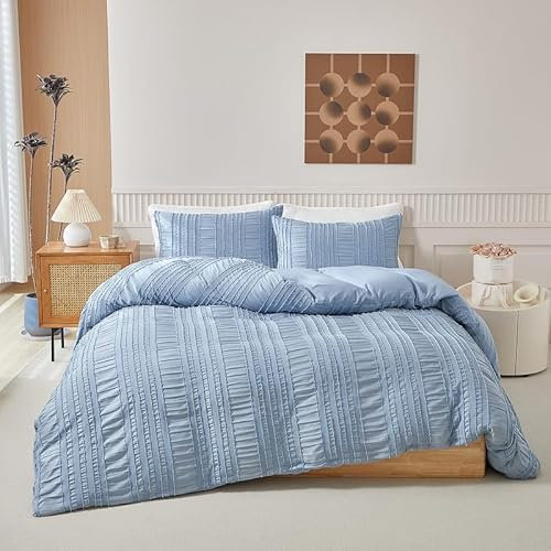 DXHOME Seersucker Juego de ropa de cama de 135 x 200 cm, color azul claro liso, reversible, de microfibra, transpirable, ligera, romántica, funda nórdica con cremallera y 1 funda de almohada de 80 x