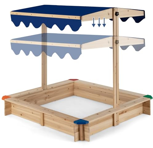 COSTWAY Sandkasten aus Zedernholz, Sandkiste mit schwenkbarem & höhenverstellbarem Dach, Sandbox groß 120 x 120 cm, bodenloses Design, Sitzhöhe 19cm