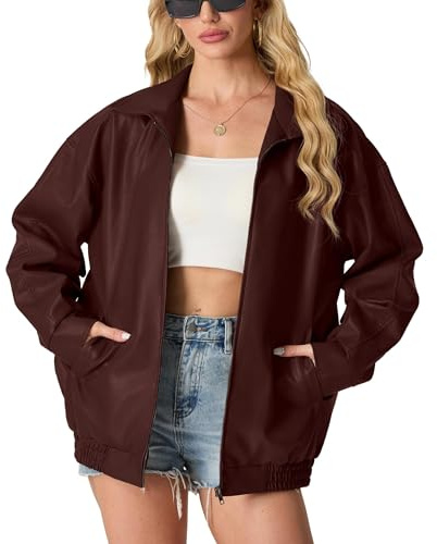 GRECERELLE Chaqueta de piel sintética para mujer, cuello de solapa, manga larga, chaqueta de entretiempo con cremallera, chaqueta de motorista para mujer, informal, chaqueta de moto para mujer,