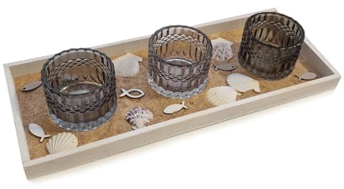 Logbuch-Verlag Maritimes Deko Geschenkset mit Teelichtgläser Muscheln Fischen auf Sand auf einem Kerzentablett 45 x 18 cm