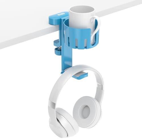 KDD Porta Cuffie da Scrivania Ruotabile, 2 in 1 Porta Bicchieri Universali, Supporto Cuffie sotto la Scrivania, Accessori Scrivania adatto per Tazze di Caffè, Cuffie Gaming, Blu