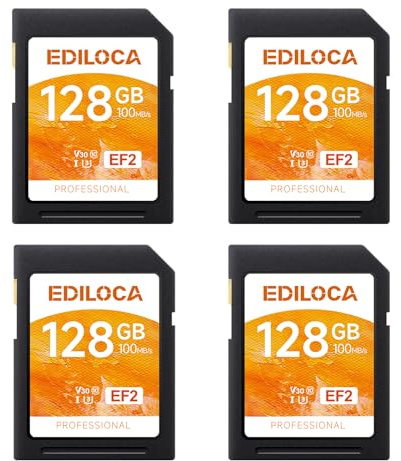 Ediloca SD Card 128GB, 4Pcs, Memory Card, Up to 100MB/s, UHS-I, C10, U3, V30, Full-HD & 4K Video, DSLR Camera SD Card, Must-Have for Professional Photographers(EF2)