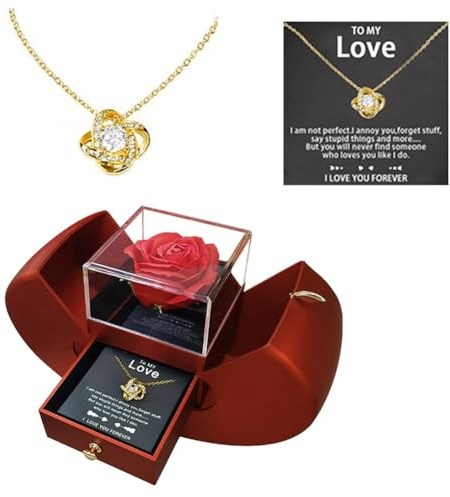 Eternal Rose with Necklace Apple Gift Box, with Four-leaf Clover or Eternal Heart Necklace and To my love Card, Romantic Gifts for her on Anniversaries, Christmas, Birthday, Valentine's Day