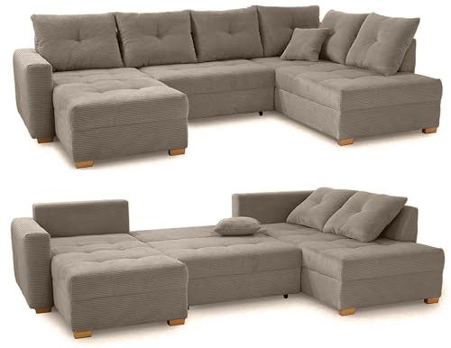 Moderne Wohnlandschaft in U-Form B313/T200/H92 cm, Sofa mit Schlaffunktion und Bettkasten, mittelfeste Schaumpolsterung, spiegelverkehrt montierbar, Bezug Cordstoff in Braun Taupe / 15219