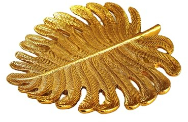 Elegante piatto portagioie a forma di foglia d'oro, 20 cm, in poliresina tropicale con design metallico a foglia di palma per gioielli, chiavi e oggetti per la casa