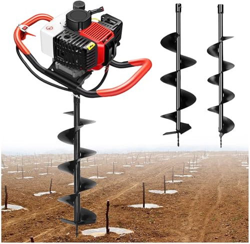 199cc Gas-Powered Earth Auger - 4-Stroke Petrol Post Hole Digger with 3 Durable Auger Bits (4/6/8cm) for Fence Posts, Garden Soil & Tree Planting