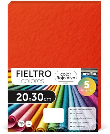 m-office Bastelfilz für DIY-Projekte, Filzplatten in bunten Farben, Weich und Flexibel, Material für Nähen und Patchwork Stoffe, Ideal Handarbeiten, Deko Kunsthandwerk, 20x30cm, (Leuchtend Rot, 5Stk)