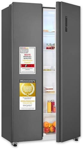 Exquisit Side-by-Side Kühlschrank mit Gefrierteil, 442 Liter, 10 Ablagen, No-Frost, LED-Anzeige, 91 cm Breite, SBS546-040D anthrazit
