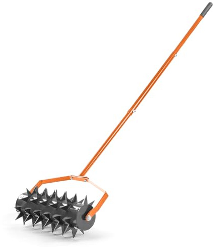 UDeuxff Rolling Lawn Aerator, Heavy Duty Manual Aerator Tool with Spikes, Lawn Spike Aerator Roller with Adjustable Handle, Soil Penetrator Push Lawn Aeration for Garden Yard Patio (Orange)