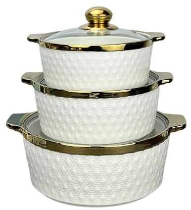 Gold Ceramic Non-Stick 3-Piece Cookware Set, Versatile Casserole, Scratch-Resistant, Oven-Safe, Stylish Kitchen Cookware. Small:20 * 16.5 * 10.5 CM, Medium:22.5 * 19 * 11.5 CM, Large:28 * 23 * 14 CM
