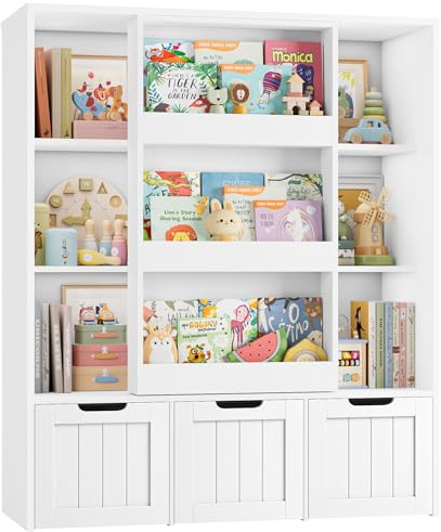 FOREHILL Libreria Montessoriana per Bambini, Porta Giochi Bambini con Porta Scorrevole, Mobile Porta Giochi a 6 Scomparti Aperti, a 3 Cassetti su Ruote, per Sala Giochi, 100x37x120,5cm (Bianco)