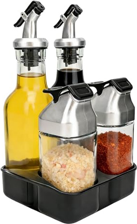 5 PCS Oil Vinegar Dispenser Bottles Set with Caddy Stand, Glass Salt Pepper Shaker Cruets with Bamboo Tray for Kitchen Countertop Organizer for Olive Oil, Vinegar, BBQ, Camping, RV, Wedding Party