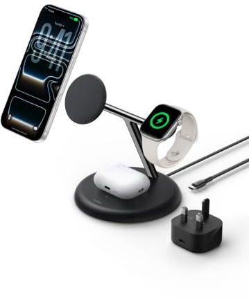 Belkin UltraCharge 3-in-1 Wireless Charging Station 25W, Qi2.2 Magnetic Wireless Charger - MagSafe Compatible for iPhone 17, Apple Watch, Pixelsnap, Galaxy S26 Ultra (45W Adapter Included) - Black | Qi2.2-Certified MagSafe Compatible Magnetic Wireless Charger for iPhone, Apple Watch, Earbuds, USB C Cable, 45W Plug Included