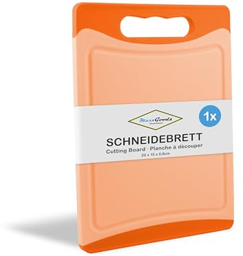 MaxxGoods Schneidebrett Kunststoff mit Saftrille & Griff - Antibakteriell - Frühstücksbrett, Kunststoffbrett beidseitig verwendbar, Spülmaschinenfest - Orange, 20x15x0,8cm