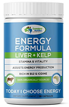 GRASSLAND NUTRITION Grass Fed Beef Liver with Wild Harvested Kelp 100% Organically/Halal Sourced 2-in-1 Energy Formula — Natural B12, Iodine, Iron & Vitamin A (180 Capsules)